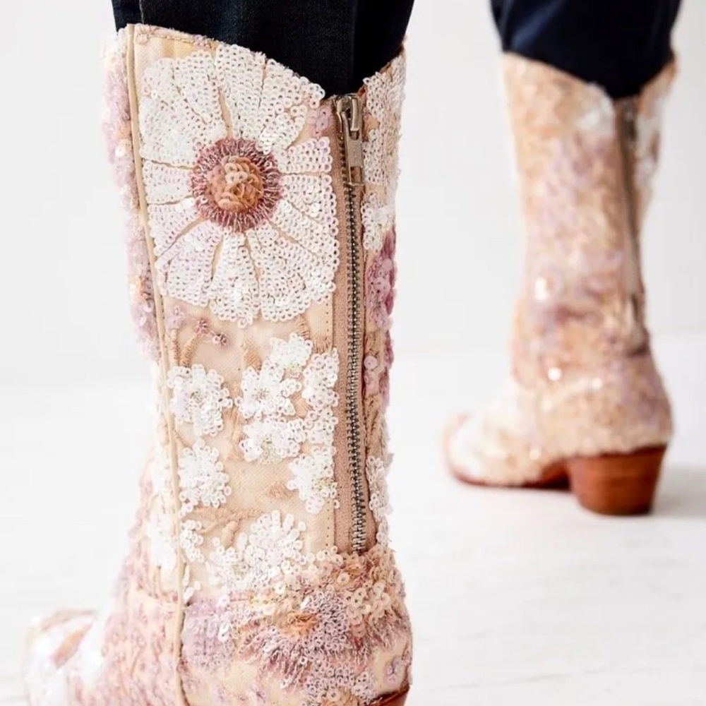 Free People MOMO Selina Embellished Boot Floral Sequin Cream Nude Zip - Picture 9 of 10